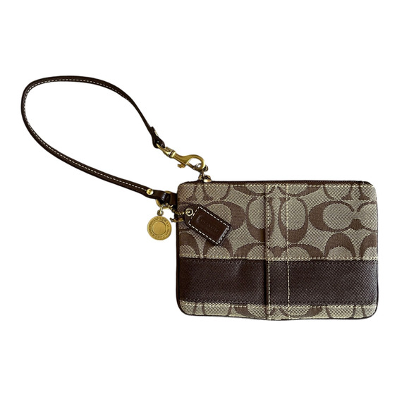 COACH Khaki Brown Stripe Signature C Top Zip Gold Coin Hang Tag Creed Wristlet - Picture 1 of 7